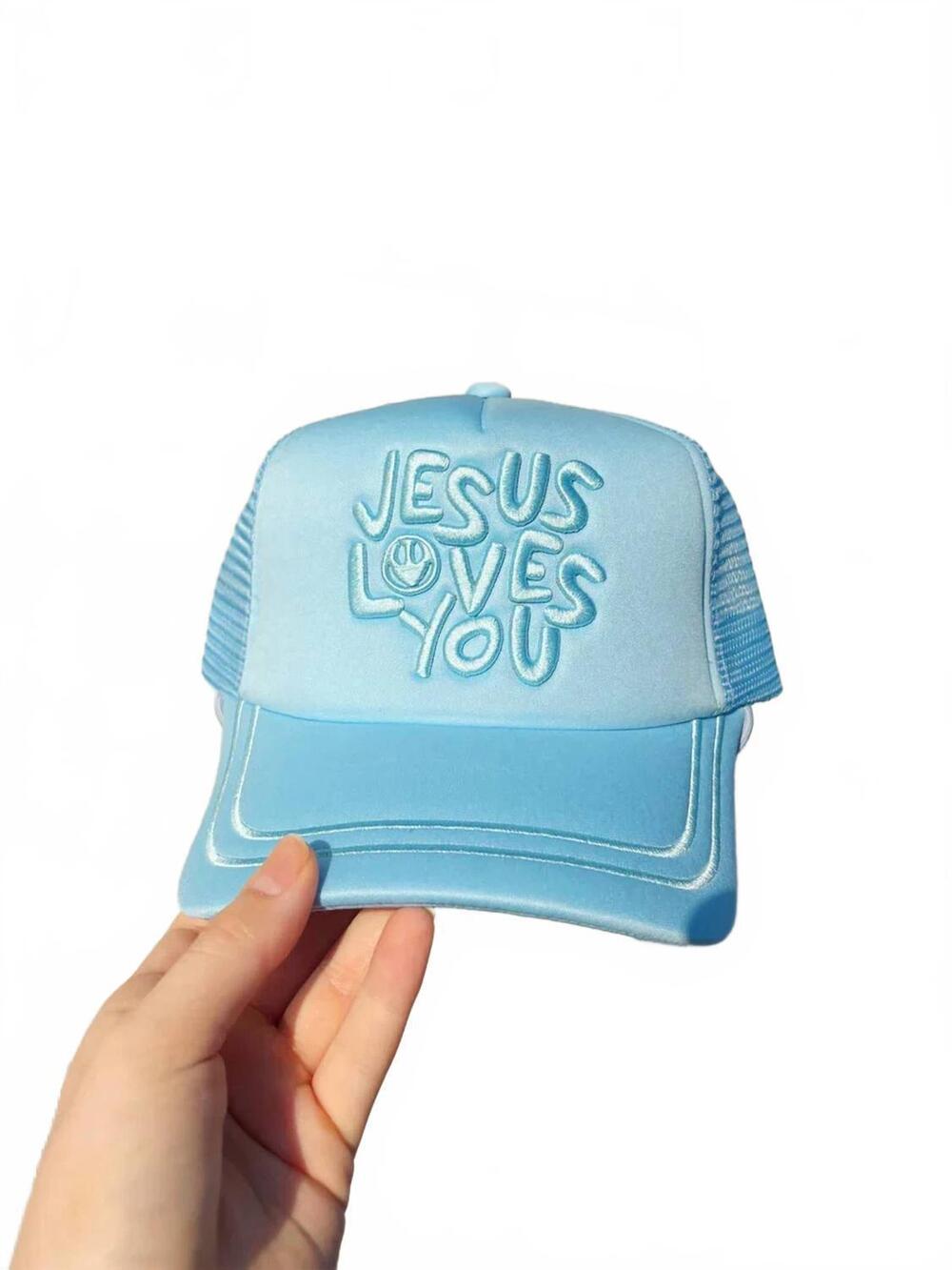 NEW POPPY & PINE unisex jesus loves you smiley hat in blue